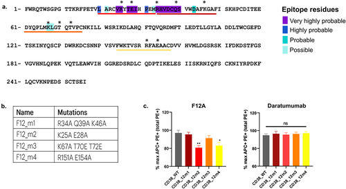 Figure 6. Epitope mapping of F12A on CD38. a) Results of in silico prediction of F12A on CD38 using MAbTope. b) Table summarizing the predicted peptides with suggested mutant residues. c) Binding of F12A and daratumumab antibody to wild-type and mutated CD38. The percent PE+APC+ cells were collected from 4 independent experiments. The amount of PE+APC+ cells were normalized to the total PE+ cells. The results are expressed in mean ± sem of the maximal response. One star (*) indicates significant statistical difference at p ≤ .05, two stars (**) at p ≤ .01.