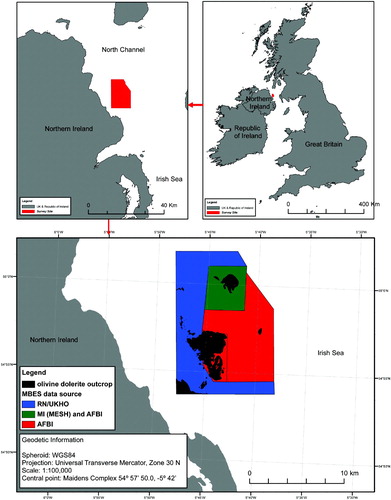 Figure 1. Location of the Maidens/Klondyke outcrop within Northern Ireland and sources for the multibeam echo sounder data used. Central point for Maidens Complex: 54°57′50.0, −5°42′20.0.