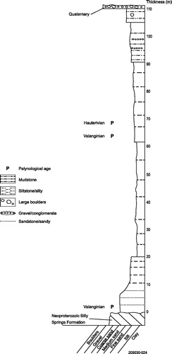 Figure 12. Litholog for Petromin 169121 610 8 drill hole located some 7 km west of Recorder Hill. Log based on our observations and driller’s log (Petromin, Citation1971a, Citation1971b).