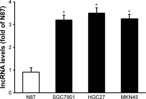 Figure 1 Expression of lncRNA MAP3K1-2 in gastric cancer cell lines N87, SGC7901, MKN45, and HGC27. Quantitative real-time polymerase chain reaction analysis showed high expression of lncRNA MAP3K1-2 in SGC7901, MKN45, and HGC27 cell lines. Data are presented as mean±SD from three independent experiments. *P<0.05, vs N87.