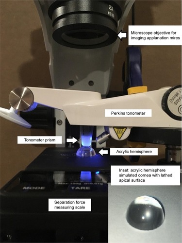 Figure 5 Photograph of applanation tonometry tear film adhesion measurement setup with Perkins tonometer, acrylic hemisphere, scale, and mire imaging microscope.