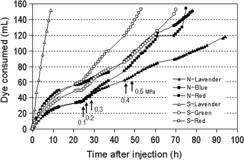 Figure 6. Relationship between dye consumption and injection pressure in each tomato plant in field (170 days after sowing). The injection pressure was 0.05 MPa initially. Arrows with figures indicate changing points of the pressure (MPa). The symbol S corresponds to the south position, N corresponds to the north position.