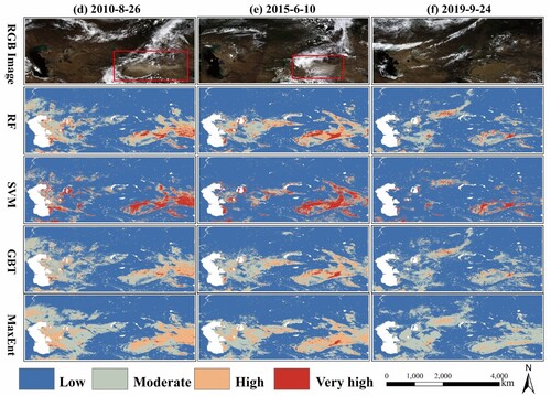 Figure 7. SDS source susceptibility maps produced using the ML-based methods in summer and autumn. (d) 2010-8-26, (e) 2015-6-10, (f) 2019-9-24.
