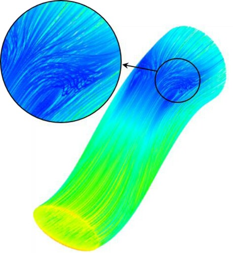 Figure 31. 3D streamlines on the upper wall of the quasi-3D designed S-duct.