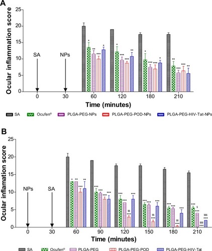 Figure 6 Comparison of anti-inflammatory efficacy of PLGA-PEG NPs, PLGA-PEG-peptide NPs, and Ocufen® in the (A) treatment and (B) prevention of ocular inflammation induced by SA in the rabbit eye.Notes: Values are expressed as mean ± SD; *P<0.05, **P<0.01, and ***P<0.001 significantly lower than the inflammatory effect induced by SA; $P<0.05, $$P<0.01, and $$$P<0.001 significantly lower than anti-inflammatory efficacy of Ocufen®.Abbreviations: HIV-Tat, human immunodeficiency virus transactivator; NPs, nanoparticles; PEG, polyethyleneglycol; PLGA, poly(lactic-co-glycolic acid); POD, peptide for ocular delivery; SA, sodium arachidonate; SD, standard deviation.