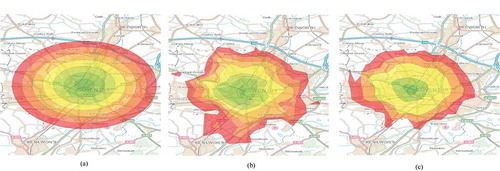 Figure 1. A comparison of an Euclidean distance matrix versus a drive time distance matrix and a road distance matrix around the center point of Coventry. (a) Euclidean distance buffer from 0 to 4 miles around the centre of Coventry; (b) Travel time distance buffer from 0 to 10 minutes drive time around the centre of Coventry; (c) Road distance buffer from 0 to 4 miles around the centre of Coventry.
