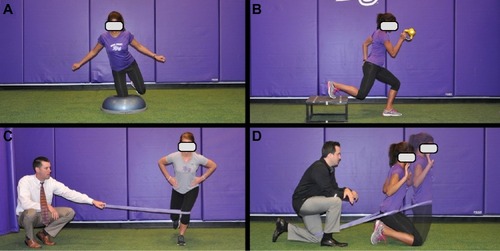 Figure 5 Late stage hip-focused exercises.Notes: (A) BOSU single knee balance. (B) Weighted runner. (C) Resisted band single leg squats. (D) Resisted vertical bridge. Note that the resisted band in (C) should apply a slight force that progresses the athlete to activate the hip musculature to prevent lower extremity valgus. Care should be taken to progress the exercises and magnitude of resistance.