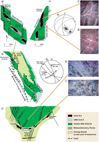 Figure 5. Kalgoorlie has produced about 70 Moz gold (total endowment of 97 Moz). Arguably this is the richest real estate on the planet. If you adopt an Oroya Shoot (northern part of Golden Mile) model for exploration, it may miss the nearby but very different Mt Charlotte, and vice versa. (a) Kalgoorlie goldfield geology map with inset. (b) Stereonet of the lodes in the Golden Mile with intersection close to the plunge of the Kalgoorlie syncline in (c) cross-section showing brittle-ductile shear zones in both Paringa Basalt and overlying Golden Mile Dolerite, and intersection lodes including the Oroya Shoot at contact sediment (re-drawn from Phillips et al., Citation2017). (d) A stockwork of veins in Unit 8 granophyre of the Golden Mile Dolerite, Mt Charlotte orebody at Level 3 and cross-section at 52850 mN. Re-drawn from Ridley and Mengler (Citation2000) itself modified from Clout et al. (Citation1990). (e) Lower-hemisphere equal-area stereonet of the quartz–gold veins in the Mt Charlotte ore body, level 19 from Mueller (Citation2017) itself modified from Reed and Askew (Citation1984). (f) The two vein sets Mt Charlotte. (g) Veins of Mt Charlotte type cross-cutting the Flanagan Fault suggesting that some mineralisation is post-faulting. (h) Brittle–ductile shear one (10 cm wide) hosting gold in the Golden Mile Dolerite at Perseverance mine. (i) The Flat-lode, an Oroya-like, ruler-shaped shoot of quartz breccia at North Kalgurli mine. (Photographs by the author taken in 1988 underground, North Kalgurli and Perseverance shafts. Soon after, these shafts closed and are now part of the super-pit.)