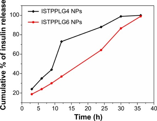 Figure 4 In vitro release profile of ISTPPLG NPs.Abbreviation: ISTPPLG NPs, insulin-loaded tocopherol poly(ethylene glycol) 1000 succinate-emulsified poly(ethylene glycol)-capped poly(lactic-co-glycolic acid) nanoparticles; ISTPPLG4 NPs, insulin-loaded tocopherol poly(ethylene glycol) 1000 succinate emulsified poly(ethylene glycol)-capped poly(lactic-co-glycolic acid) 78/22 nanoparticles; ISTPPLG6 NPs, insulin-loaded tocopherol poly(ethylene glycol) 1000 succinate emulsified poly(ethylene glycol)-capped poly(lactic-co-glycolic acid) 68/32 nanoparticles.