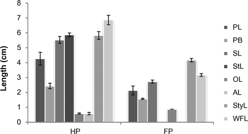 Figure 2. Comparison of quantitative flower characters of hermaphrodite and female plants. *Mean ± SD; PL, petal length; PB, Petal breadth; StL, stamen length; OL, ovary length; AL, anther length; StyL, style length; WFL, whole flower length; HP, hermaphrodite plant; FP, female plant.