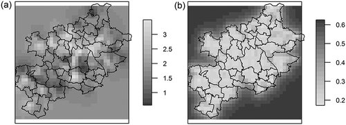 Figure 6. (a) Ordinary kriging (OK) for the logarithmized population density in the KUZ: estimation. (b) OK variance.