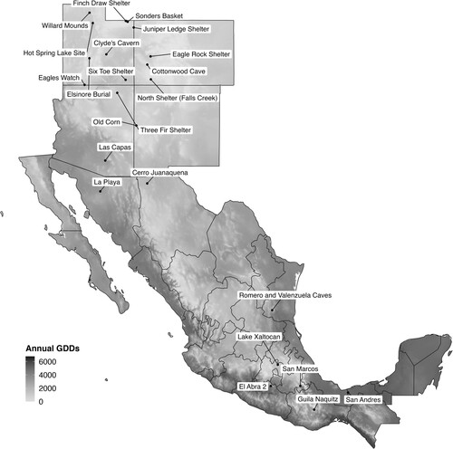 Figure 4. Annual accumulated growing degree days across the southwestern United States and Mexico, with locations of sites mentioned in the text or the following figures. Growing degree days were extracted and calculated from the 30 s (∼1 km2) average temperature (°C) from WorldClim version 2.1 (https://www.worldclim.org/data/worldclim21.html). We use 10°C as the base and 30°C as the maximum for the GDD calculation.