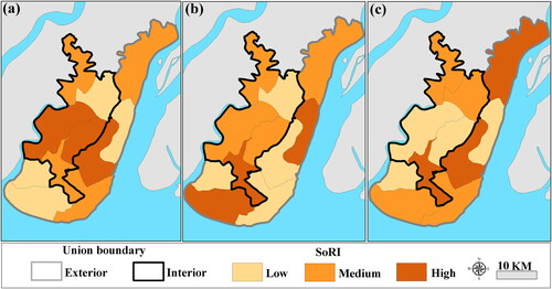 Figure 3. Spatial distribution of the disaster-phase composite SoRIs (low, moderate and high resilience categories) based on a quantile classification scheme: (a) pre-disaster; (b) syn-disaster; and (c) post-disaster. Source: Author.