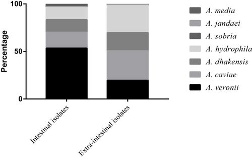 Figure 1 Distribution of various Aeromonas that have been isolated in and outside of the intestinal.