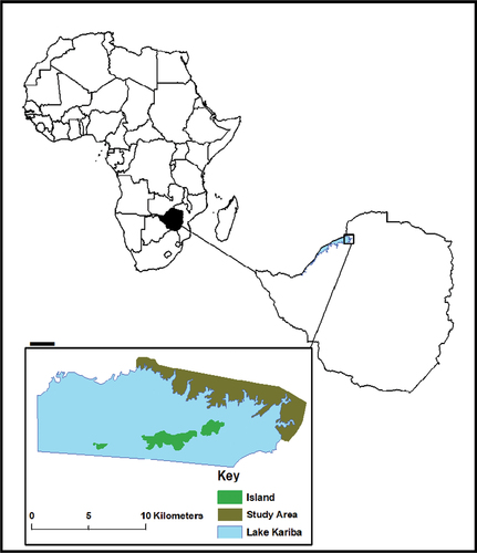 Figure 1. Location of Kariba town, adjacent to Lake Kariba, northern Zimbabwe.