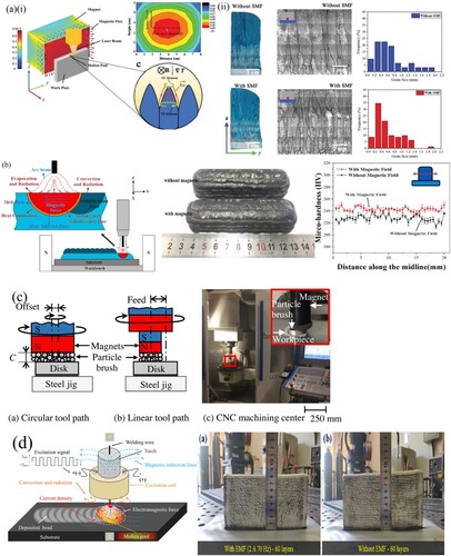 Figure 3. (a) (i)Schematic showing the solidification process of L-DED under a 0.55 T transverse SMF, where the thermoelectric current, thermoelectric magnetic force are illustrated in the solidification front and also, distribution of magnetic field intensity. (ii) OM images; and β grains microscopy images; and Histograms of β grain size [Citation89]. (b) Schematic representation of WAAM deposition process and picture of deposited sample. Also, microhardness along the midline of the deposited Inconel 625 alloy without and with magnetic field [Citation94]. (c) MAF processing principles and equipment setup showing two different tool path setups [Citation95]. (d) The schematic diagram of WAAM process with EMF. Also, the macro-morphology of fabricated thin-wall parts with 60 layers: with EMF of 2 A 70 Hz and without EMF [Citation96].