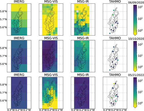 Figure 7. Daily rainfall sums according to the four products during three case studies. Each row depicts one case. Yellow represents pixels that fall below the lower threshold. Grey represents dry pixels/points.