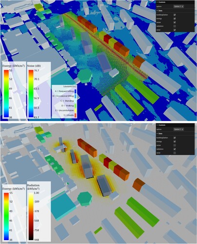 Figure 11. Example representation of the combined visualization of wind comfort, building energy consumption and noise for design alternative 1. The top image shows energy, noise, and wind visualized together, whereas the bottom image visualizes energy and solar radiation.