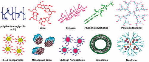 Figure 3. Different nanoparticles used for drug delivery to RB. Chemical structures are given in the top panel and nanoparticles formed by these molecules are depicted in the lower panel.