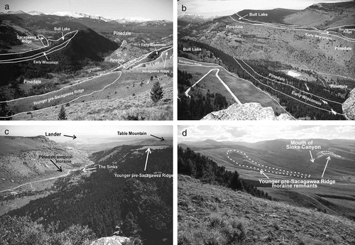 FIGURE 3. (a) View toward the southwest from the north rim of Sinks Canyon. A prominent bedrock step is at right center. The trees on the south canyon wall obscure the morphology of the Pinedale, Early Wisconsin, Bull Lake, and Sacagawea Ridge moraines. (b) View of the Pinedale, Early Wisconsin, Bull Lake, and Sacagawea Ridge moraines mapped in the southwest portion of the canyon as seen from the point labeled “George” in Figure 2. (c) View from “George” toward the northeast to the mouth of the canyon. Lander is near top center. Large grassy area above the valley at upper right is part the Younger Pre–Sacagawea Ridge morphostratigraphic unit. (d) View from the north rim of Table Mountain toward the southwest showing the mouth of Sinks Canyon and two Younger Pre–Sacagawea Ridge moraine remnants mapped beyond the mouth of the canyon