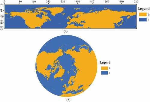 Figure 3. Regular grids with different projections (blue represents oceans, and yellow represents land). (a) Regular grid (WGS 1984 World Mercator). (b) Regular grid (North Pole Orthographic).