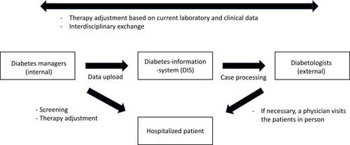 Figure 1 Model of the TeDia system and its interrelationships. Diabetes managers are nurses specially trained in diabetes.