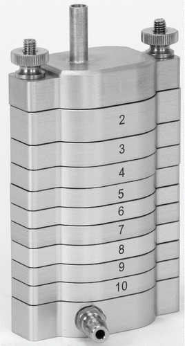 Figure 2. Picture of 10-stage low flow personal cascade impactor. The height is 11.4 cm. The weight is 0.27 kg.