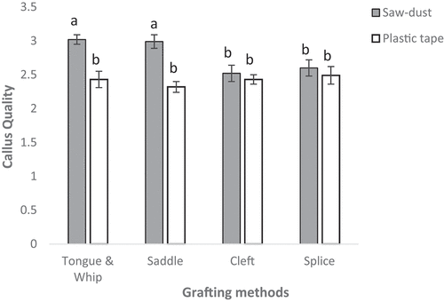 Figure 6. Callus quality of walnut grafts as governed by the interaction between grafting methods and graft cover at Mugu, Nepal (vertical bars represent the standard error).