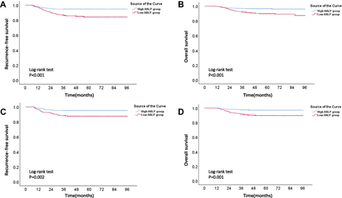 Figure 3 Kaplan–Meier survival curve of patients with low and high HALP score in two cohorts.