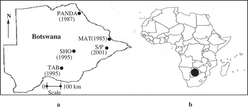 Figure 1. (a) Location of shooting ranges sampled on the map of Botswana. (b) Map of Africa showing location of Botswana.