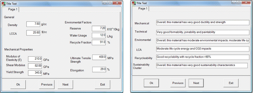 Figure 8 Screenshots of the KBS showing the input and output screens for a new material that does not exist in the database. Left: input screen; right: expected sustainability aspects of this material.