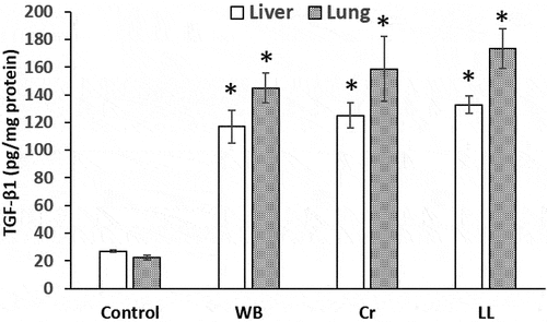 Figure 3. TGF-β1 levels (pg/mg protein) in the liver and lungs of the control, WB, Cr and LL groups. The values represent the means ± S.D. (n = 5). *p < 0.05 versus control.