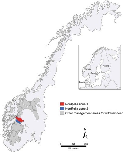 Figure 1. Localization of Nordfjella zones 1, 2 and other wild reindeer management areas in Southern Norway. All cases were detected in zone 1 and sampled in 2016–2018
