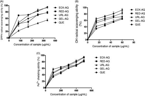 Figure 3. Radical scavenging and metal chelating activities of seaweed extracts. (A) DPPH radical scavenging ability (%). (B) OH radical scavenging ability (%). (C) Fe2+ chelating ability (%). QUE: Quercetin.