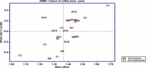 Figure 2. AMMI 1 biplot showing genotype and environment means of coffee bean yield against IPC1.