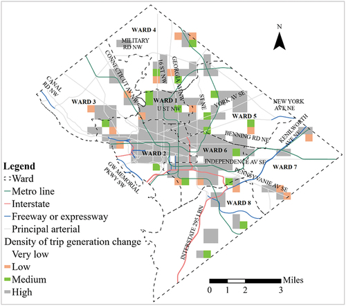 Figure 4. Density map of the 2019-to-2020 change in average daily trip generation.