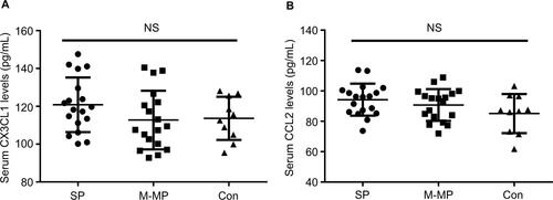 Figure S1 Investigation of serum CX3CL1 (A) and CCL2 (B) among three groups.Abbreviations: SP, severe pain; M-MP, mild-to-moderate pain; Con, scoliosis painless control; NS, not significant.