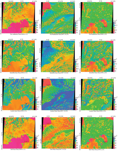 FIGURE 3 Distribution maps of land surface heat fluxes over the area around NamCo Station (compare with Fig. 1).