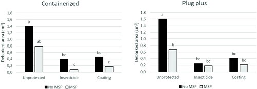 Figure 2. Average area debarked by Hylastes (cm2) in the root collar zone of containerized and plug plus seedlings planted either without (No MSP) or with (MSP) mechanical site preparation. The seedlings were planted without any protection (unprotected), or treated with an insecticide or a coating. Different letters above the bars indicate significant differences between treatments.