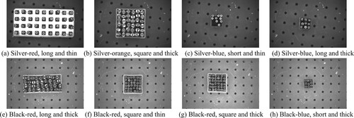 Figure 3. Sample images of steel stamps in different specifications. (a) Silver-red, long and thin (b) Silver-orange, square and thick (c) Silver-blue, short and thin (d) Silver-blue, long and thick (e) Black-red, long and thick (f) Black-red, square and thin (g) Black-red, square and thick (h) Black-blue, short and thick.