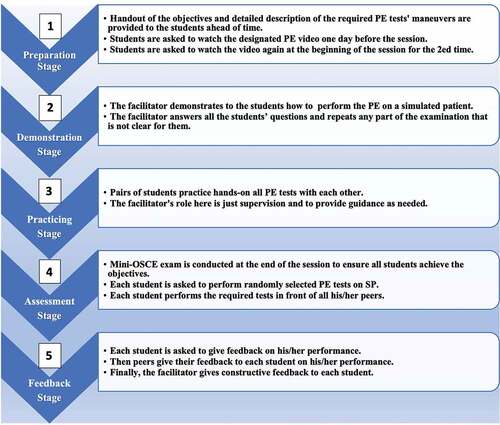Figure 2. The structured multimodal approach for teaching musculoskeletal physical examination skills. (PE: physical examination, SP: simulated patient).