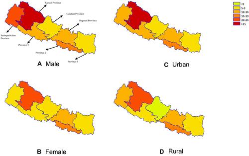 Figure 2 Geographical distribution of COPD prevalence by sex and residence in Nepal. The map is created using GMAP procedure in SAS 9.4.