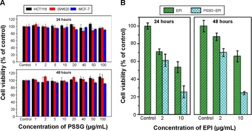 Figure 6 Cytotoxicity of the nanocarrier and antitumor effect of PSSG–EPI.Notes: The relative viability of different tumor cell lines HCT116, SW620, and MCF-7 treated with various concentrations of PSSG (A), EPI and PSSG–EPI (B) were evaluated. Cell viability was assessed by the relative value to the control group (treated with PBS). The error bars represent the standard deviation.Abbreviations: EPI, epirubicin; PSSG, PSS-decorated nanographene; PSS, poly(sodium 4-styrenesulfonate); PBS, phosphate buffer solution.