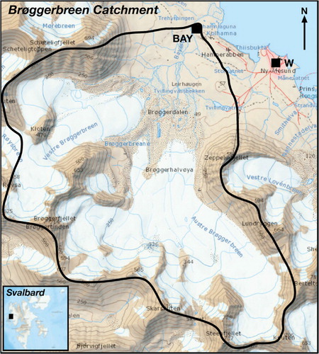 Fig. 1 The location of the study area on the peninsula Brøggerhalvøya, near Ny-Ålesund, Svalbard, with boundaries of Bayelva watershed and the location of hydrological (BAY) and meteorological (W) monitoring stations. BAY is located at 78.9335 N, 11.838 E, and weather station 99910 is at 78.923 N, 11.933 E. Maps modified from Norwegian Polar Institute's online map resource, www.toposvalbard.npolar.no.