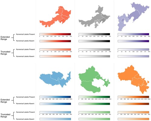 Figure 2. Example stimuli: six choropleth maps showing fictitious pollution data. Four colour legends are displayed below each map, but only one colour legend accompanied the map in each trial. Colour legends with extended ranges have a maximum value equal to double the maximum plotted value (top row: 400; bottom row: 1800). Colour legends with truncated ranges have a maximum value equal to the maximum plotted value in the map (top row: 200; bottom row: 900). During the experiment, all six colour scales were used in conjunction with all maximum values.