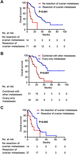 Figure 3 (A) OS of patients with (blue curve) and without (red curve) ovarian metastasis resection. (B) OS of patients with ovary-only metastases (blue curve) and those with ovary combined with other metastases (red curve). (C) OS of patients with other metastases who underwent (blue curve) and did not undergo (red curve) ovarian metastasis resection.