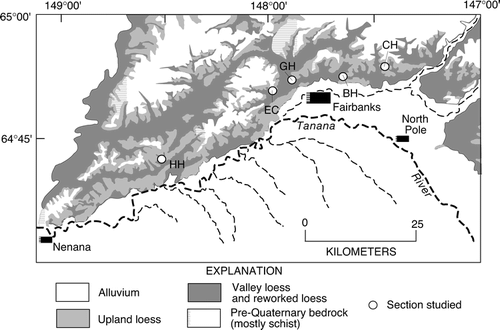 FIGURE 2 Map showing the surficial geology of the Fairbanks area and locations of sites where stratigraphic studies were conducted. Geology from CitationPéwé et al. (1966). HH, Halfway House; EC, Eva Creek; GH, Gold Hill; BH, Birch Hill; CH, Chena Hot Springs Road.
