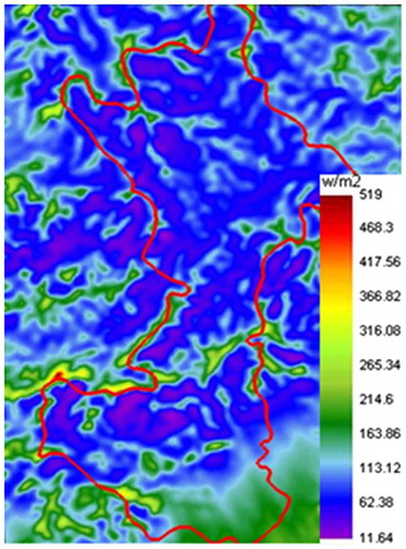 Figure 8. Wind power density contour over Huairou district at the height of 80 m.