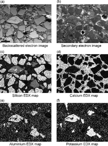 Figure 6 Characterisation of a polished mortar cross section. (a) Backscattered electron image, (b) secondary electron image and (c)–(f) EDX maps of silicon, calcium, aluminium and potassium, respectively.