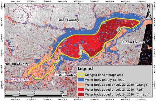 Figure 12. Wangjiaba Mengwa flood storage dynamic monitoring result from July 13 to July 24.